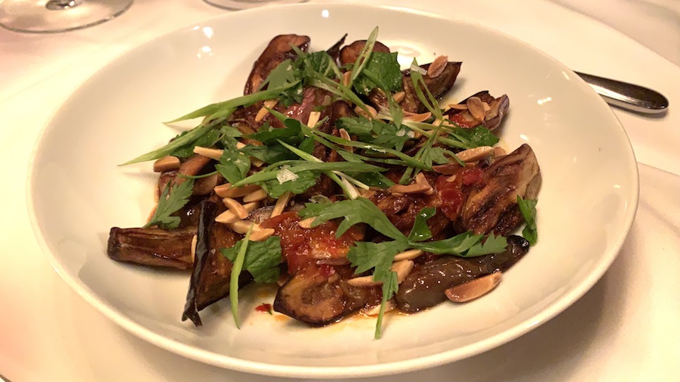 Spicy fairy tale eggplant  toasted almonds  calabrian chili  mint 